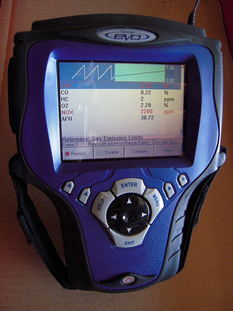 A five-gas exhaust analyzer samples the gases at the tailpipe to provide information on the air/fuel ratio, misfire rate, engine efficiency, and more. five-gas exhaust analyzer