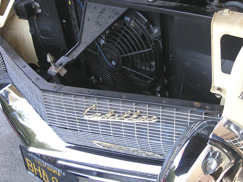 The electric pusher fan on this 1956 Cadillac helped cool the engine, but it still tended to run hot. Plus, it lacked the power it had had in the days of leaded gas. The electric pusher fan on this 1956 Cadillac helped cool the engine, but it still tended to run hot. Plus, it lacked the power it had had in the days of leaded gas.