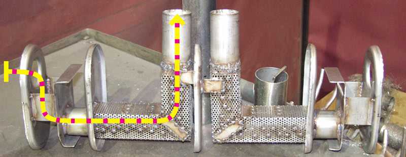 An innovative feature of the Billy Boat performance mufflers is the strategically-located baffle near the muffler’s inlet. This baffle allows some exhaust gases to pass through a direct route into the sound deadening chamber, while other portions of the exhaust gases must traverse an indirect path, resulting in acoustic tuning even before the gases enter the sound chamber.