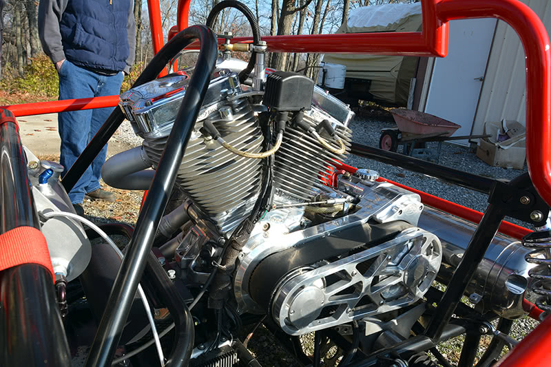 Left: This is a truly unique build in that it uses a large-displacement S and S-based Harley-Davidson engine. Custom parts were fabricated to transfer the power, in addition to the parts that make up the car itself. One unforeseen problem: The engine vibrates so badly that at some points in the rpm band the car isn’t a lot of fun to drive. After several very creative attempts to dampen it out, the decision has been made to change powerplants -- which is why it’s back at Advanced Chassis. big-displacement-s-and-s-engine-really-thumps