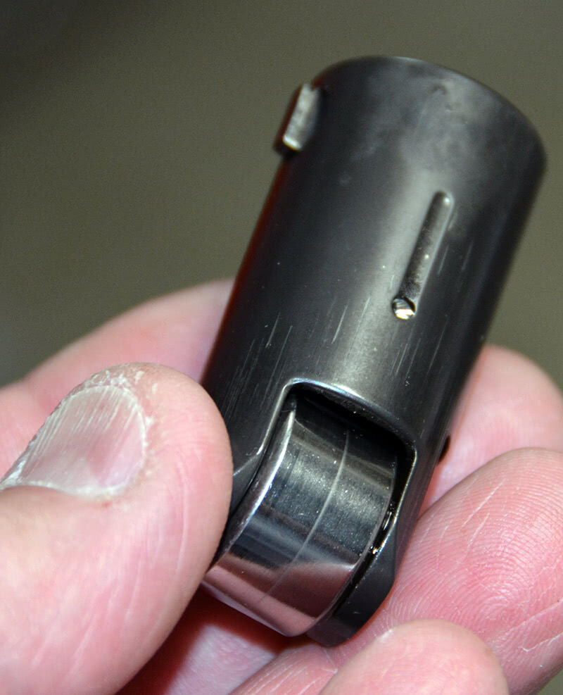 This is an example of some of Dan Jesel’s work. This has a “diamond-like coating†(DLC) and is a keyed, low-seat roller lifter. It came out of an SB2 that had an unfortunate accident involving a piece of track debris that snapped the dry sump drive belt at 9,000 RPM. I guess that’s why it’s called “racing†and not “winning.†jesel-tool-steel-dlc-coated-keyed-solid-roller-lifter